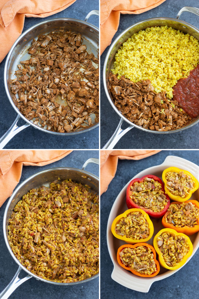 A photo collage showing how to make vegan stuffed bell peppers in 4 easy steps.