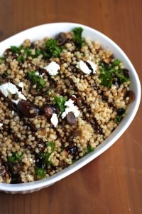 Balsamic soaked mushrooms, sweet onions, ribbons of kale and creamy goat cheese make balsamic mushroom pearl couscous one of our favorite easy side dishes!