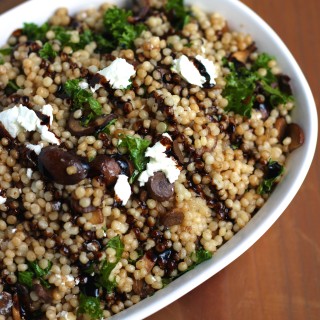 Balsamic soaked mushrooms, sweet onions, ribbons of kale and creamy goat cheese make balsamic mushroom pearl couscous one of our favorite easy side dishes!