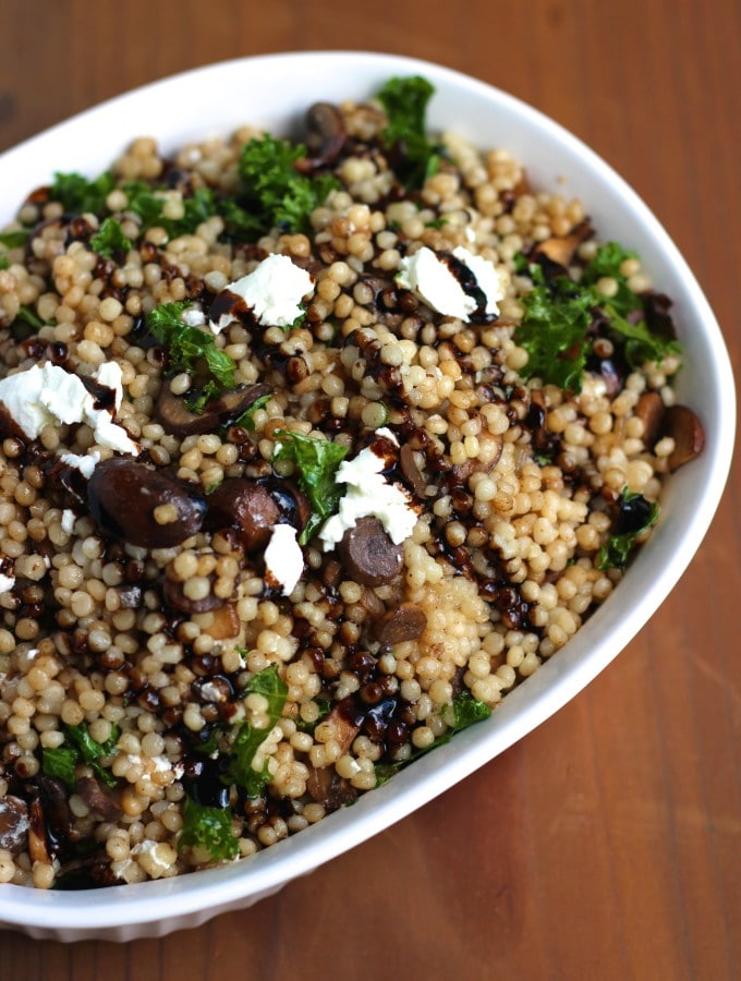 Balsamic soaked mushrooms, sweet onions, ribbons of kale and creamy goat cheese make balsamic mushroom pearl couscous one of our favorite easy side dishes!