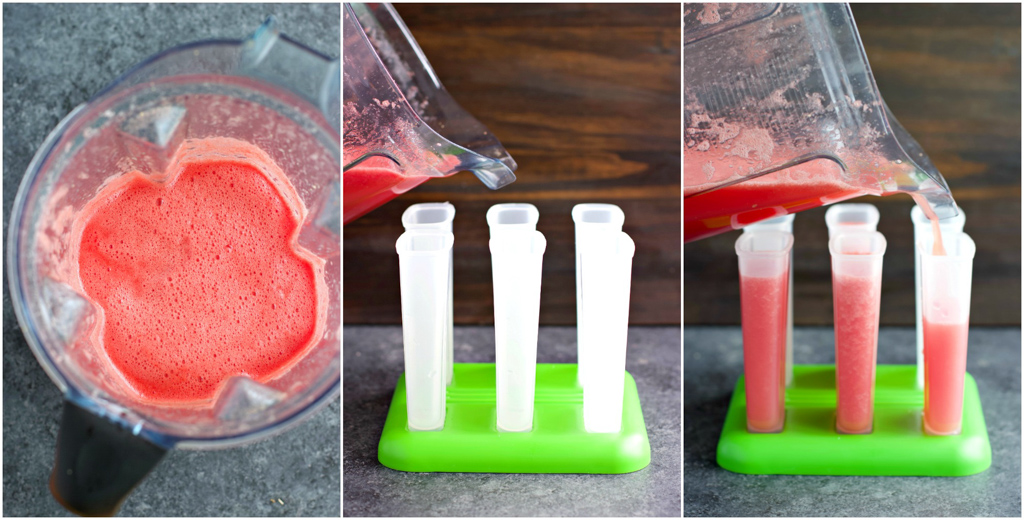 A collage of pictures that show how to make watermelon popsicles in 3 easy steps. 