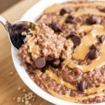 Easy chocolate peanut butter oatmeal, made overnight in the crockpot.