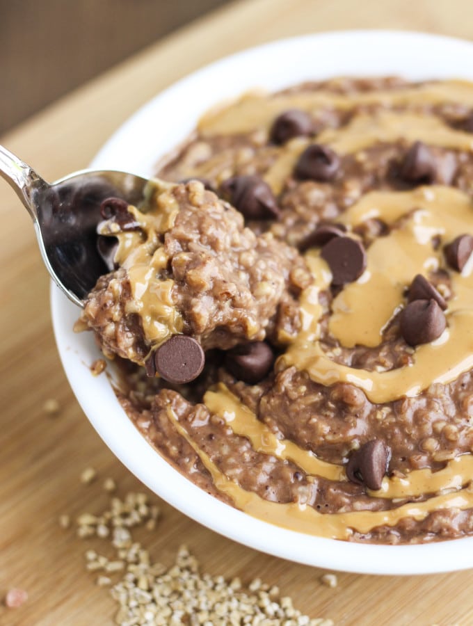 Easy chocolate peanut butter oatmeal, made overnight in the crockpot.