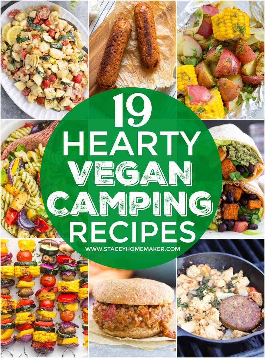 A collage of photos of vegan food to bring camping. 