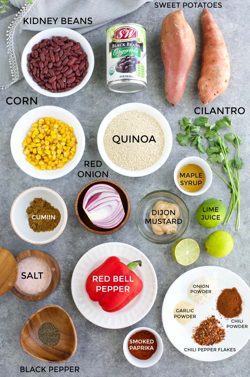 All of the ingredients needed to make the recipe laid out on gray background.