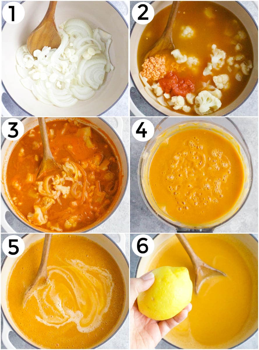 A photo collage showing how to make spicy cauliflower soup in 6 easy steps.