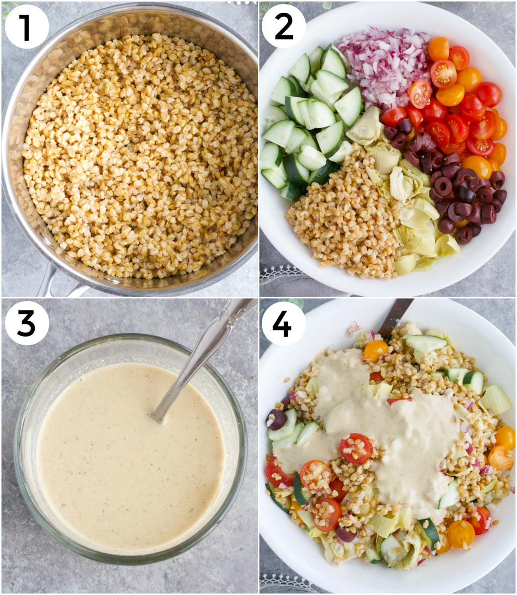 A photo collage showing how to make wheat berry salad in 4 easy steps. 