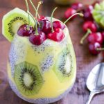 Chia seed pudding with cherries, kiwi, and mango.