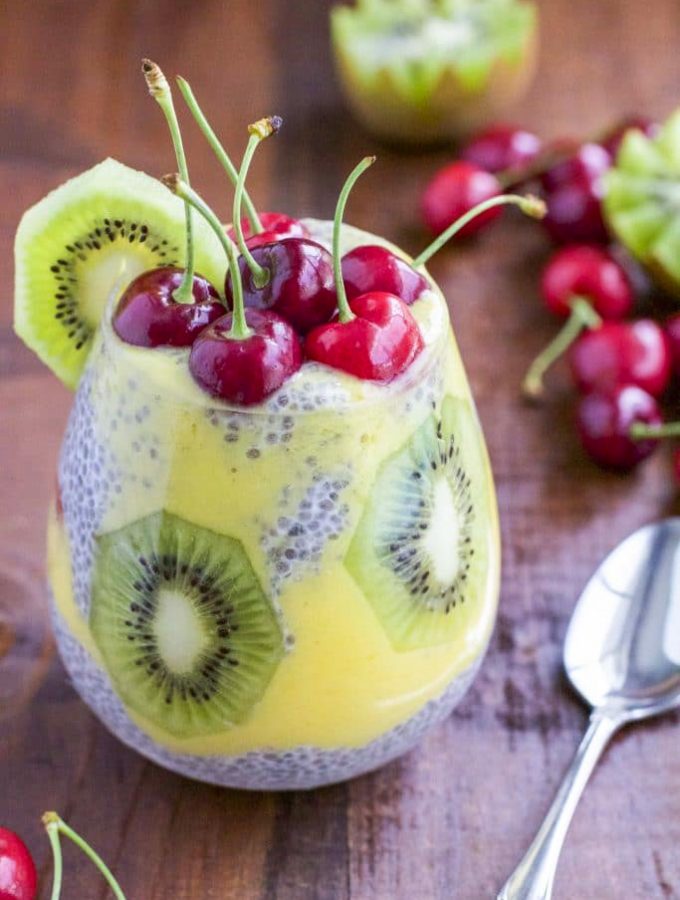 Chia seed pudding with cherries, kiwi, and mango.