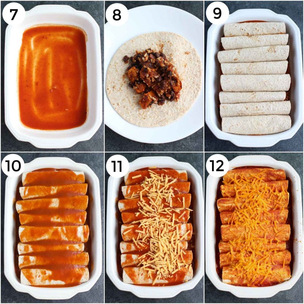 A photo collage showing how to make enchiladas in a few easy steps. 