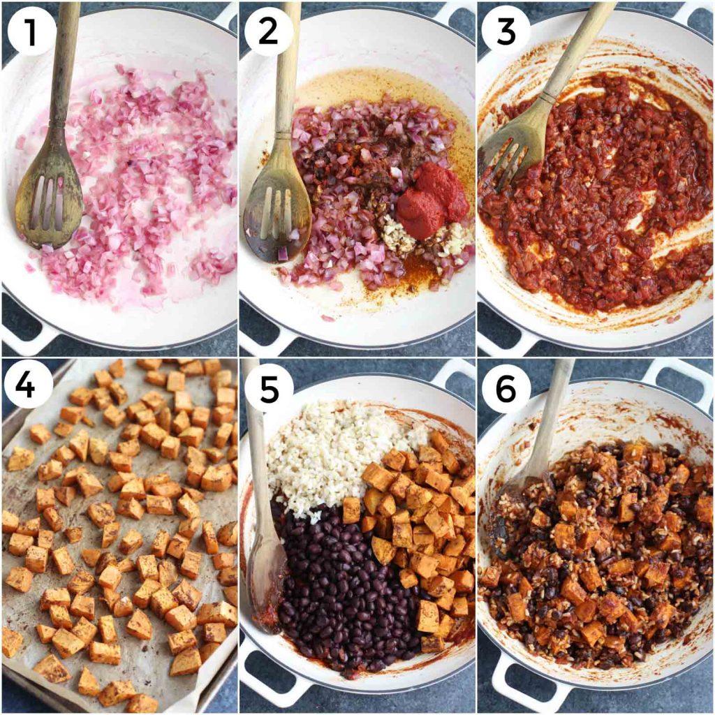 A photo collage showing how to make black bean enchilada filling in a few easy steps. 