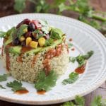 A spicy avocado quinoa stack is simple to make, and can be a quick healthy dinner or fancy appetizer that will impress your guests. Vegetarian, dairy-free, and gluten-free.