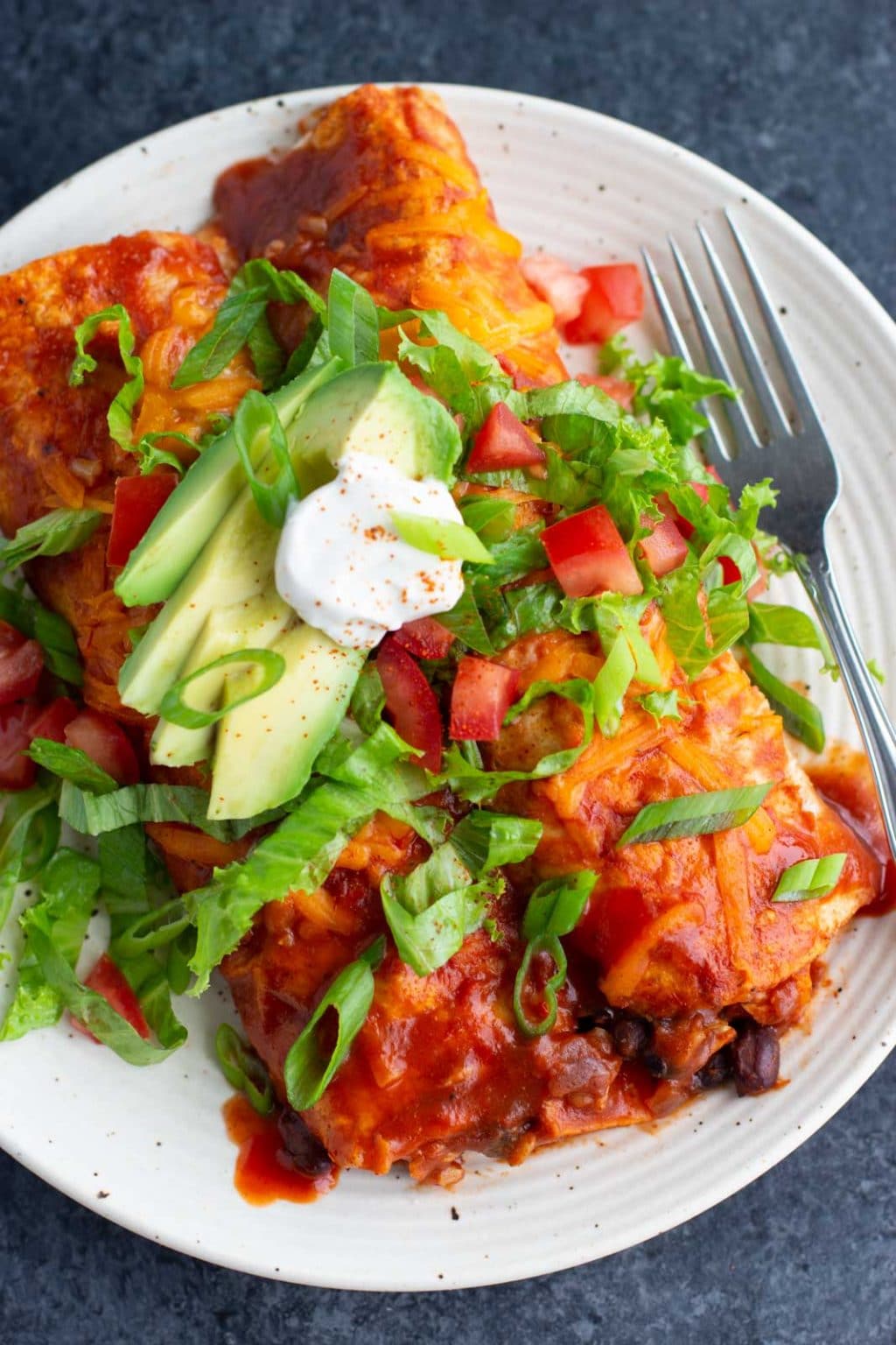 Two enchiladas on a white plate with a fork on a dark background. 