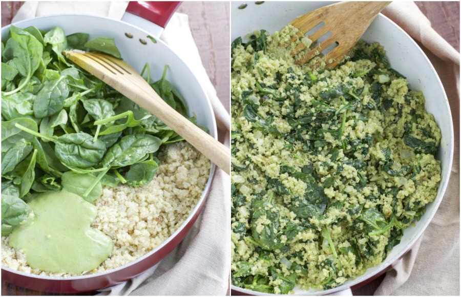 A large pan filled with spinach, quinoa, and pesto cream sauce filling in a large red and white pan. 