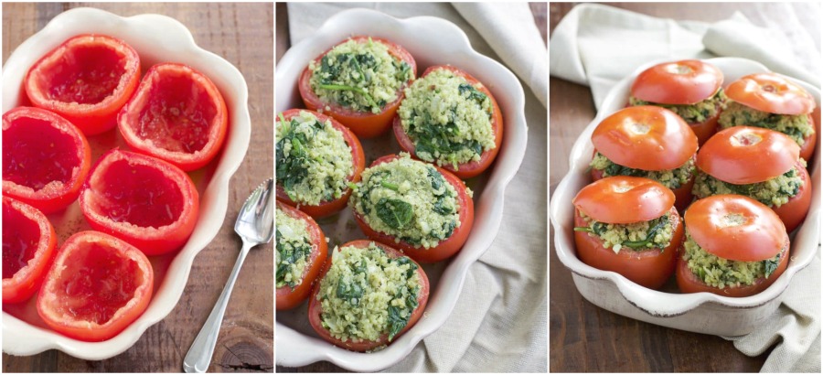 A photo collage showing how to make vegan stuffed tomatoes in a few easy steps.