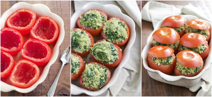 A photo collage showing how to make vegan stuffed tomatoes in a few easy steps. 