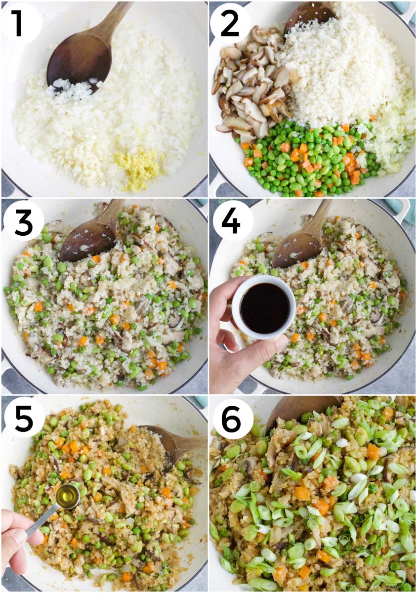 A photo collage showing how to make mushroom fried rice in 6 easy steps. 