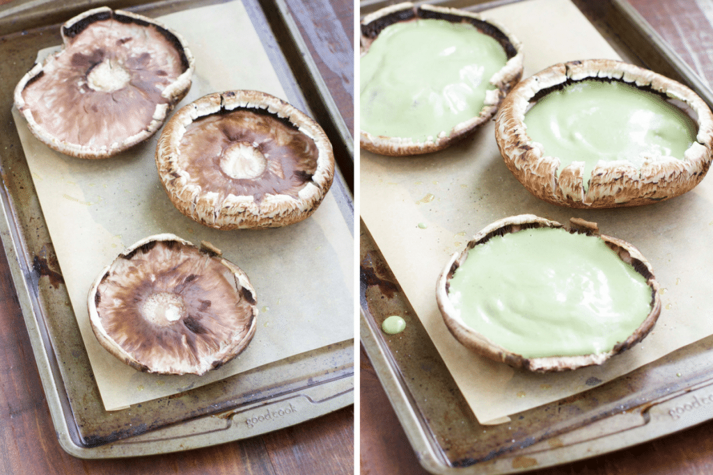 A photo collage showing how to make stuffed mushrooms in two easy steps. 