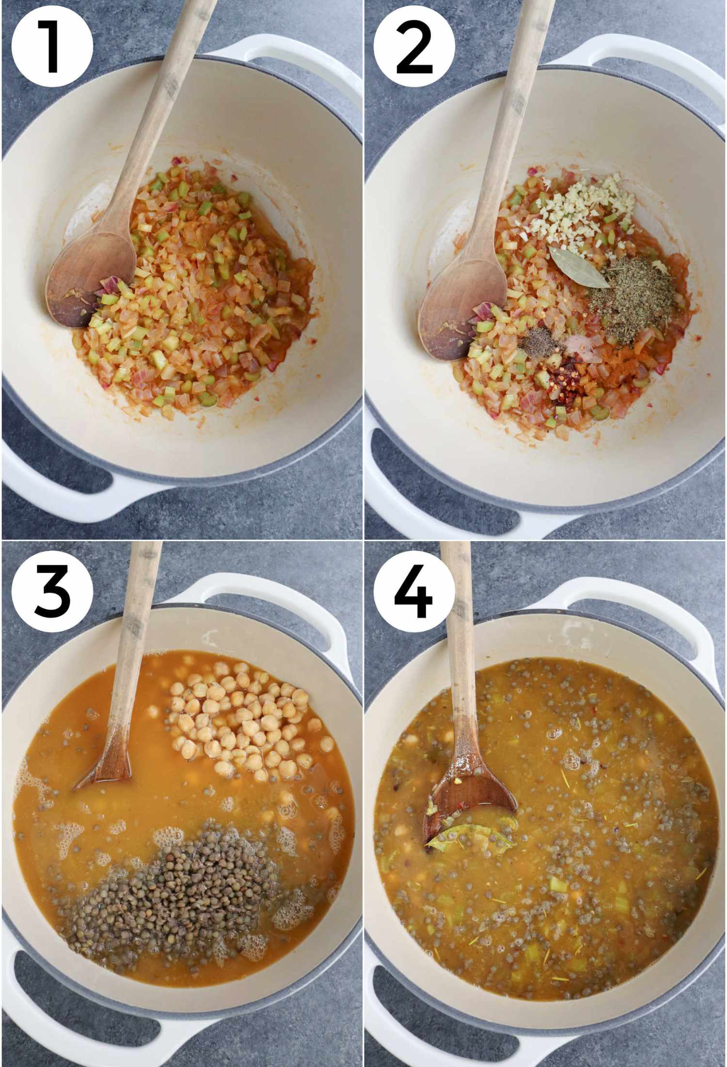 Steps 1-4 showing how to make a vegan chickpea soup.