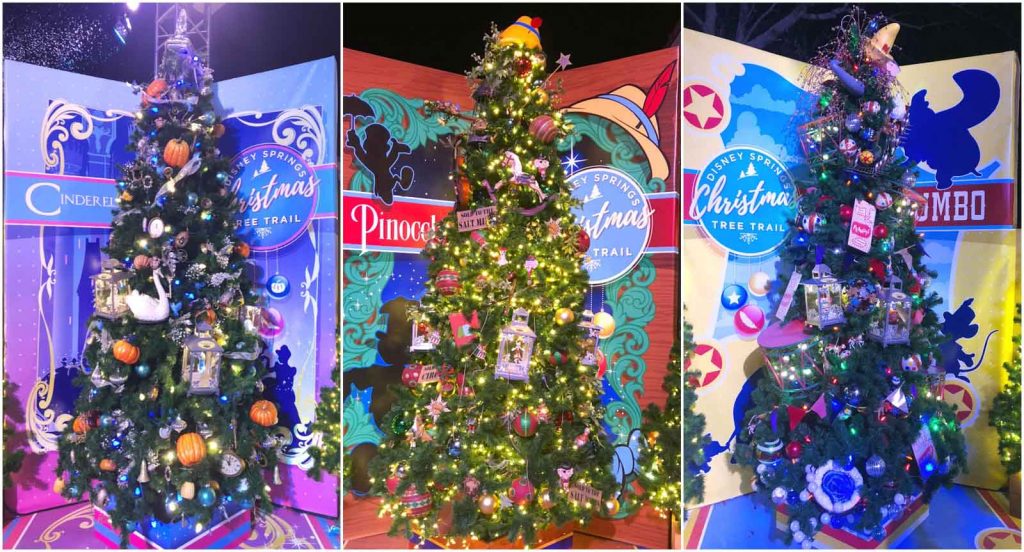 Assorted decorated Christmas trees at the Disney Springs Tree Trail. 