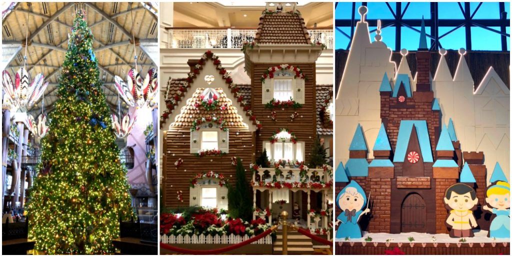 A picture collage showing different free Disney World Christmas activities like the Grand Floridian gingerbread house, the Contemporary gingerbread house, and the AKL Christmas tree. 