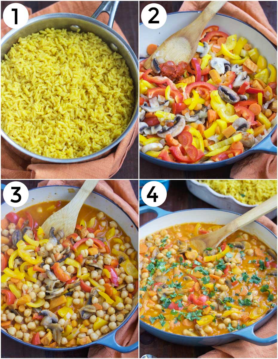 A photo collage showing how to make chickpea and mushroom curry in 4 easy steps.