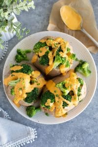 I love to slather these purple sweet potatoes with the vegan cheese sauce-- it's seriously delicious!