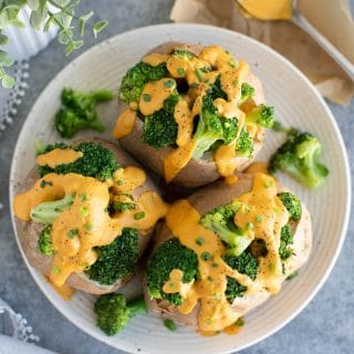 I love to slather these purple sweet potatoes with the vegan cheese sauce-- it's seriously delicious!