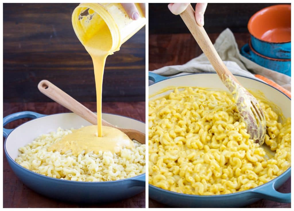 A photo collage showing how to to make plant based macaroni and cheese. 