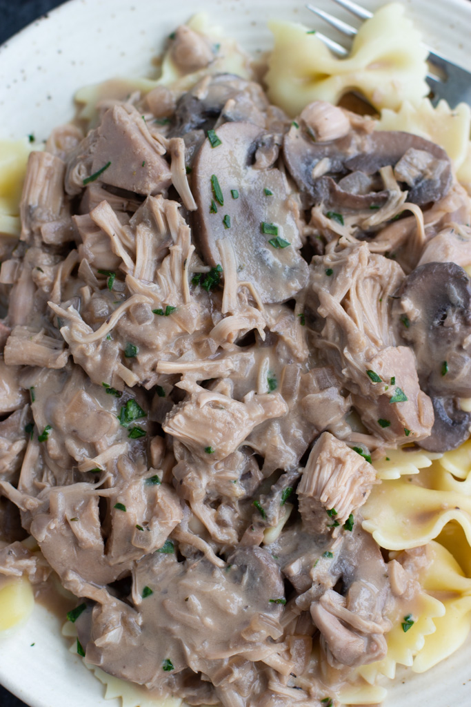 A close up shot of stroganoff over bowtie noodles on a white texture plate. 