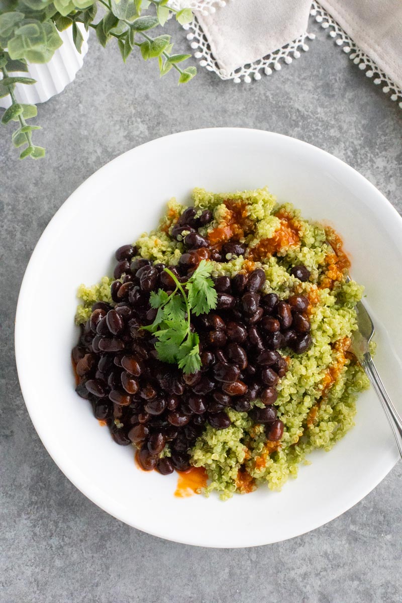 A white bowl filled with quinoa and black beans on a gray background. 