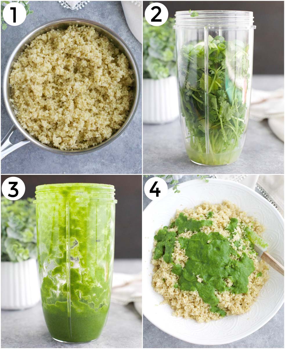 A photo collage showing how to make quinoa with cilantro lime sauce in 4 easy steps.