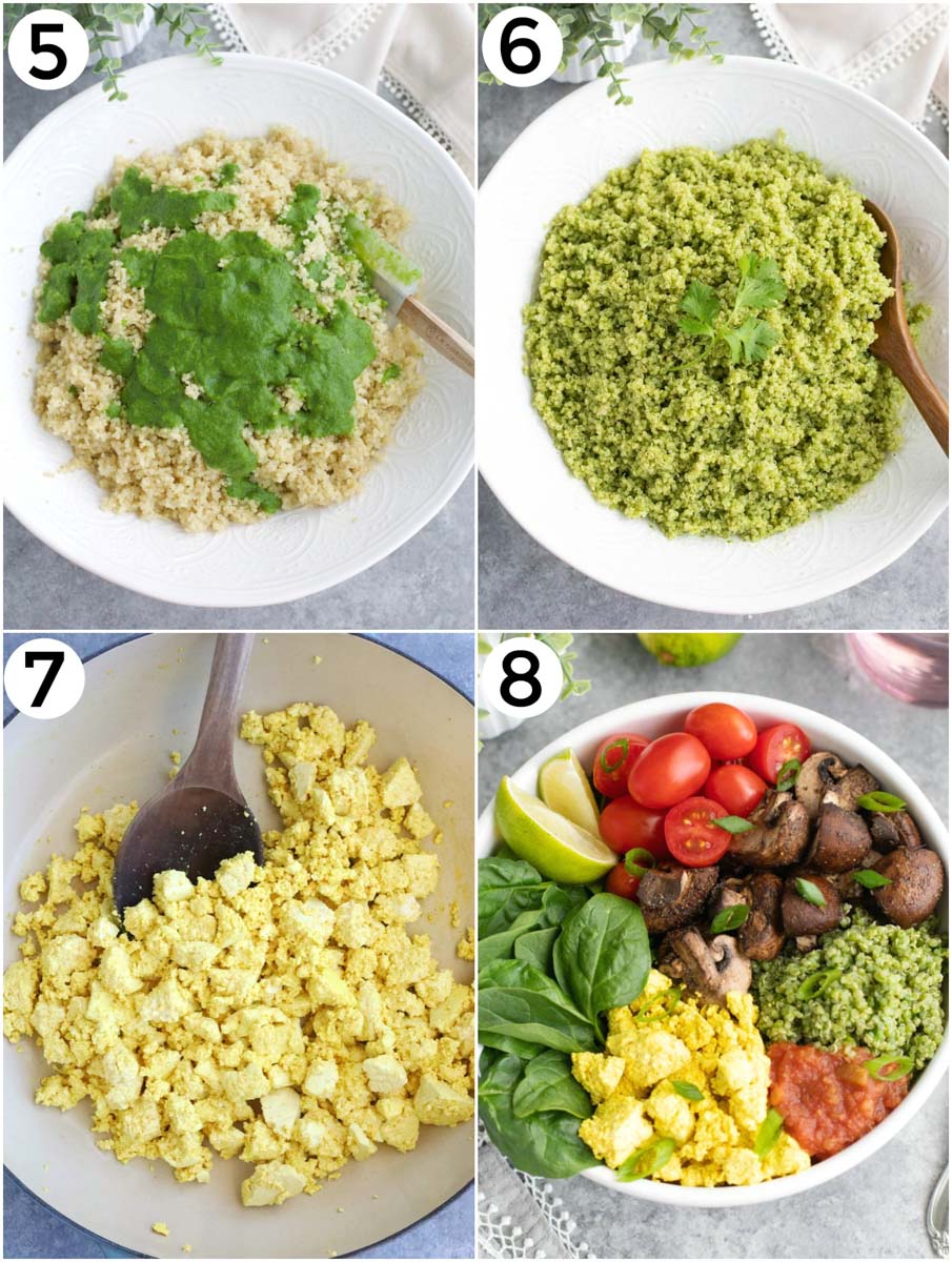 A collage showing how to make a veggie burrito bowl in a few easy steps. 