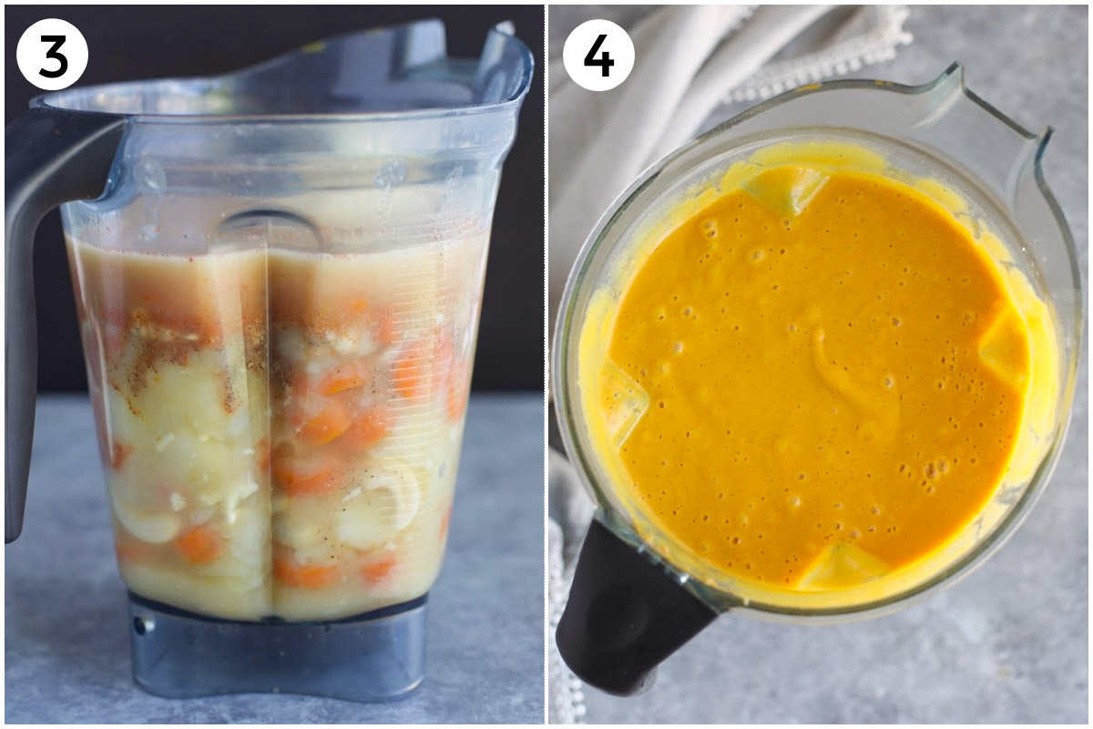 A collage of photos showing how to blend the soup ingredients in a blender. 