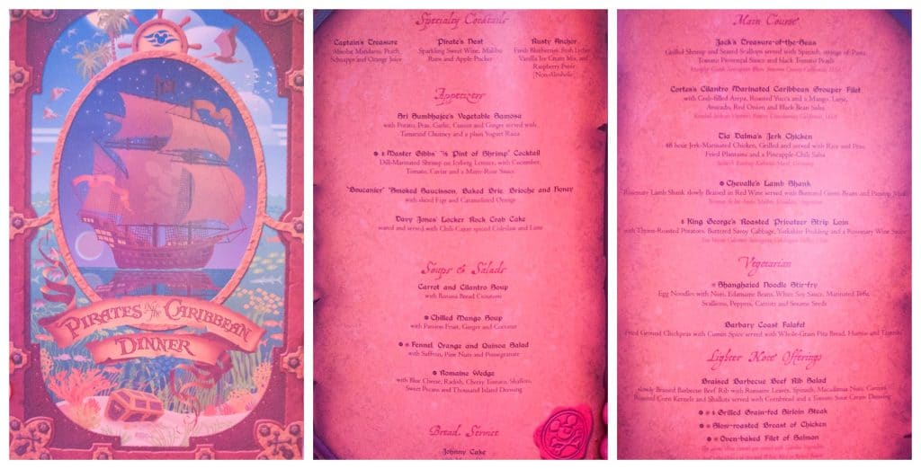 Pirate night dinner menu at Animator's Palate on Disney cruise. 