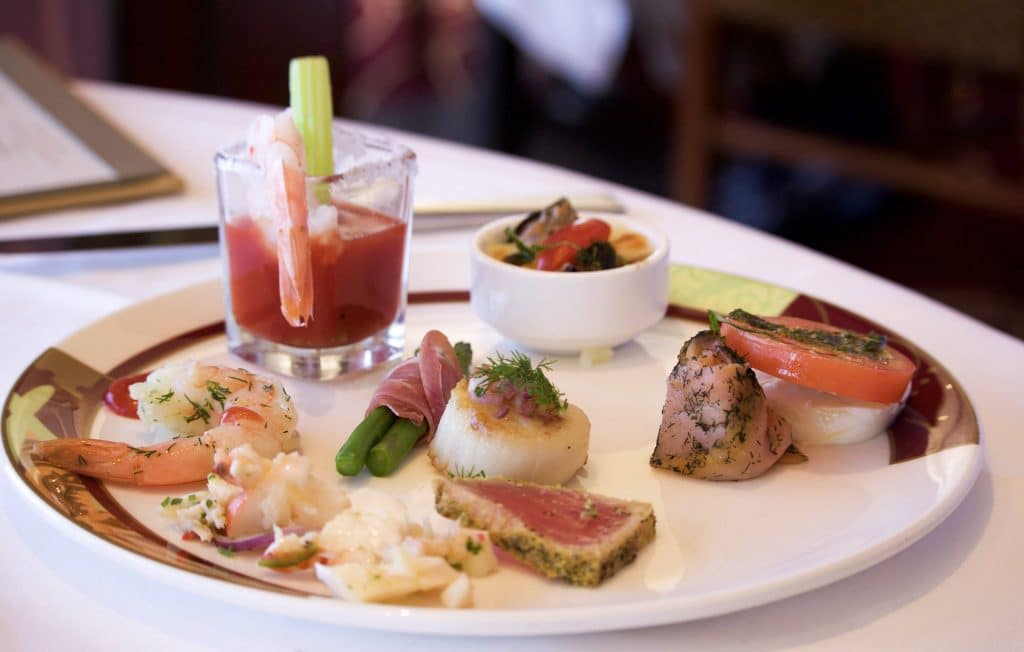 A plate filled with bite-sized options from Palo brunch on the Disney Fantasy.