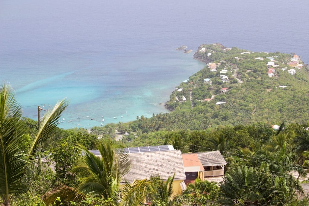 A view of the water from a hill in St. Thomas. 