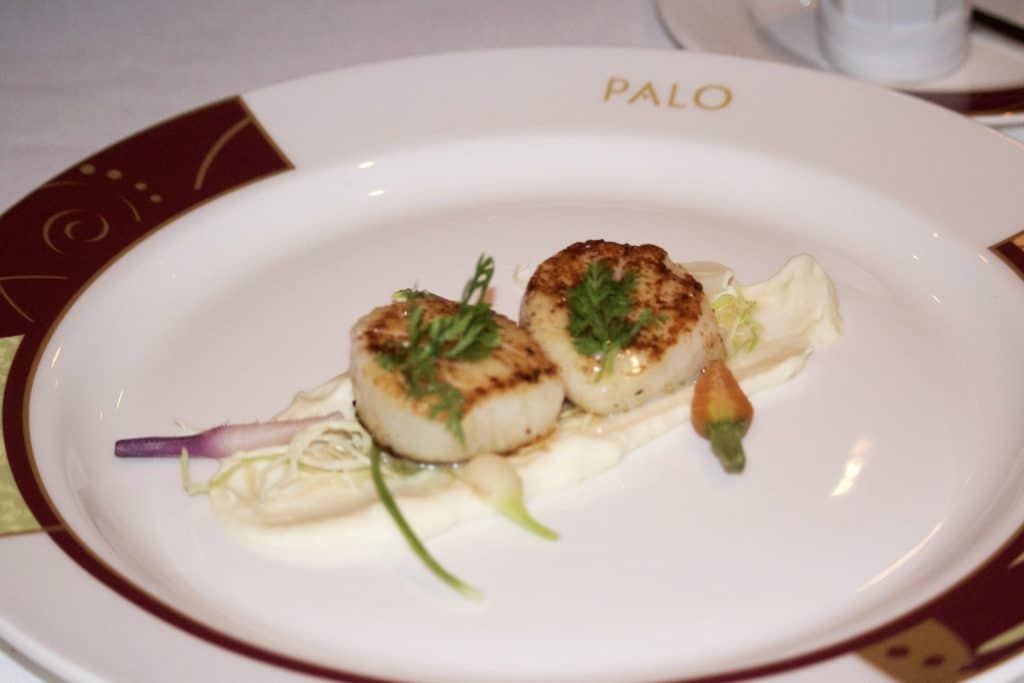 Two seared scallops on a white plate for dinner at Palo on the Fantasy.