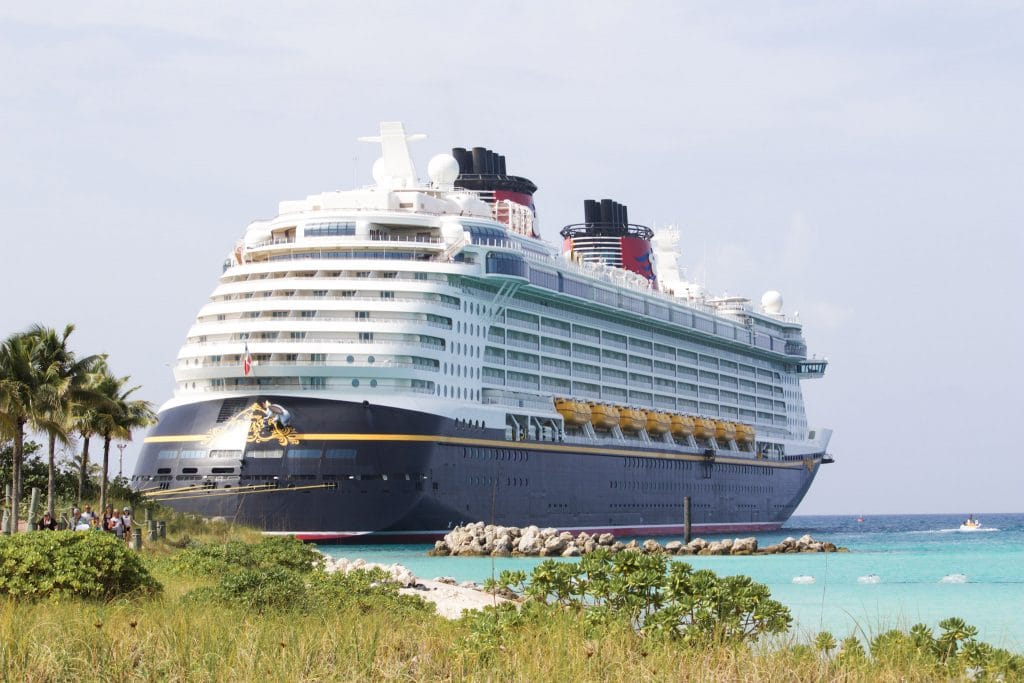 A view of the Disney Fantasy ship docked in Castaway Cay. 