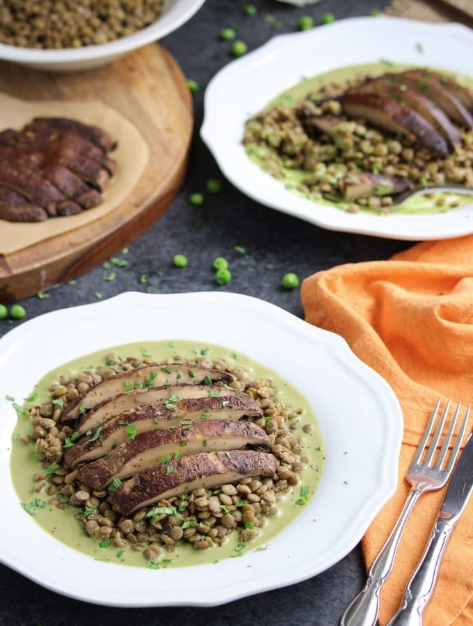 I had these delicious roasted portobello mushrooms with green pea pesto lentils for dinner on a Disney cruise. The recipe turned out even better at home! It's omnivore and vegan approved and ready in 30 minutes! Vegan, dairy-free & gluten-free.