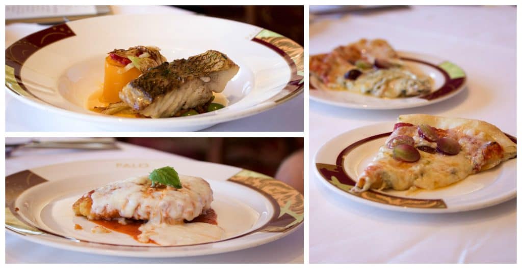 Multiple plates of food from the a a carte menu at Palo brunch on the Disney Fantasy. 