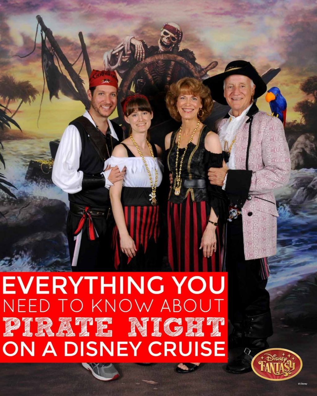 A family standing together dressed as pirates on a Disney cruise. 