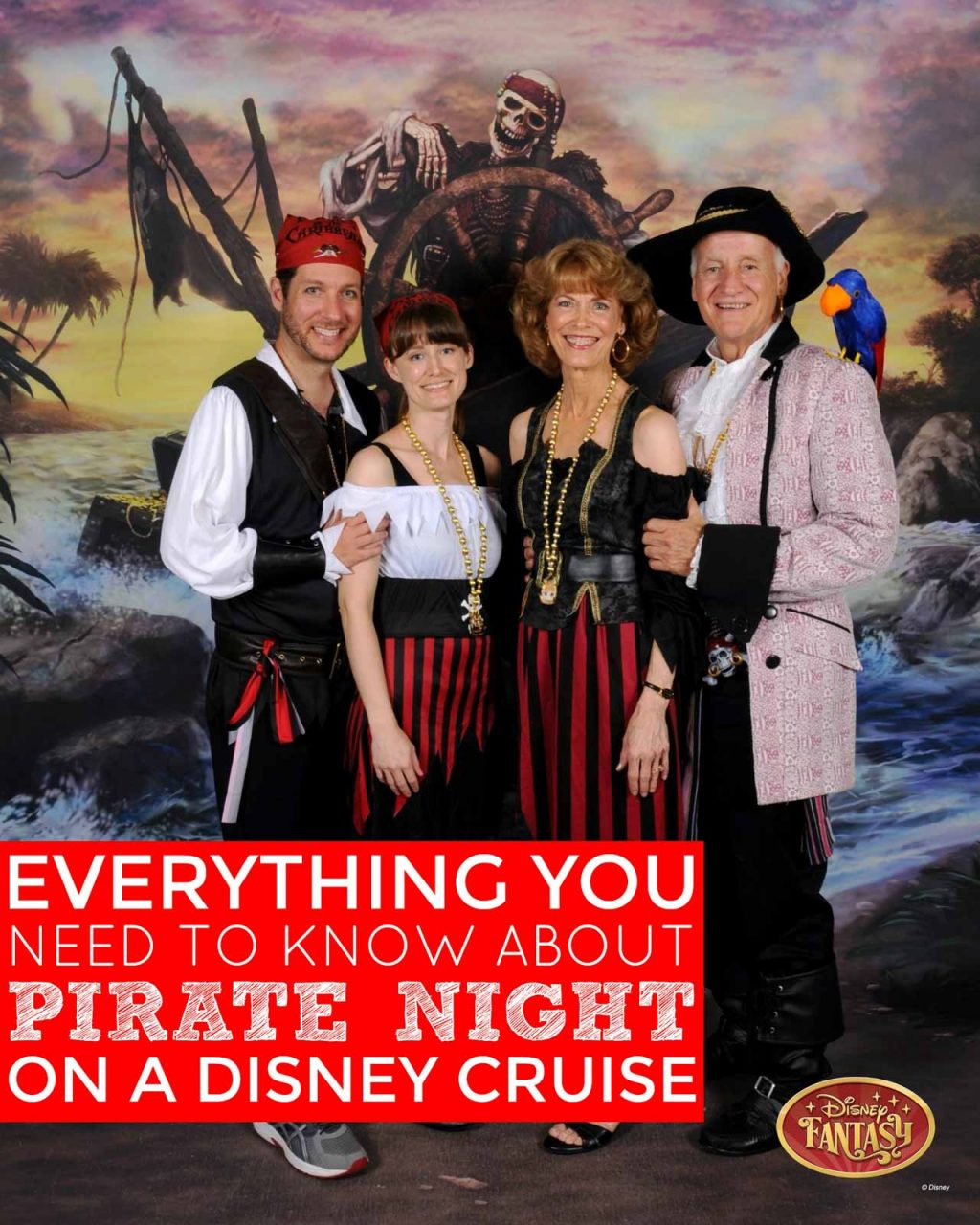 Two couples dressed as pirates standing together in front of a skeleton on a ship backdrop.