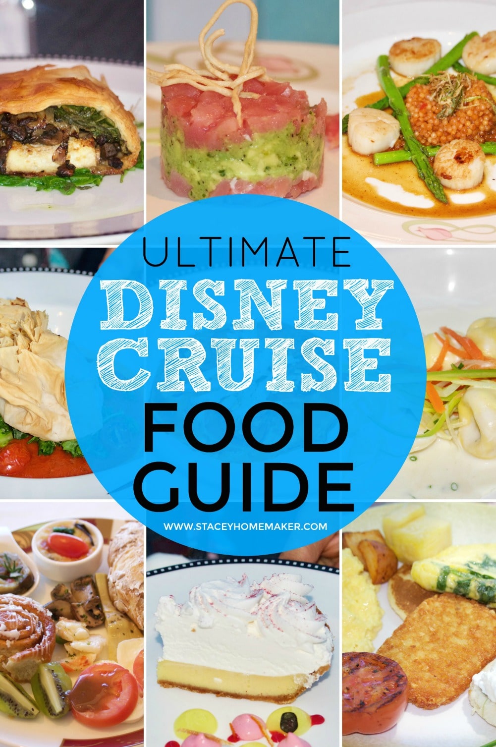 A photo collage showing multiple Disney cruise food options.