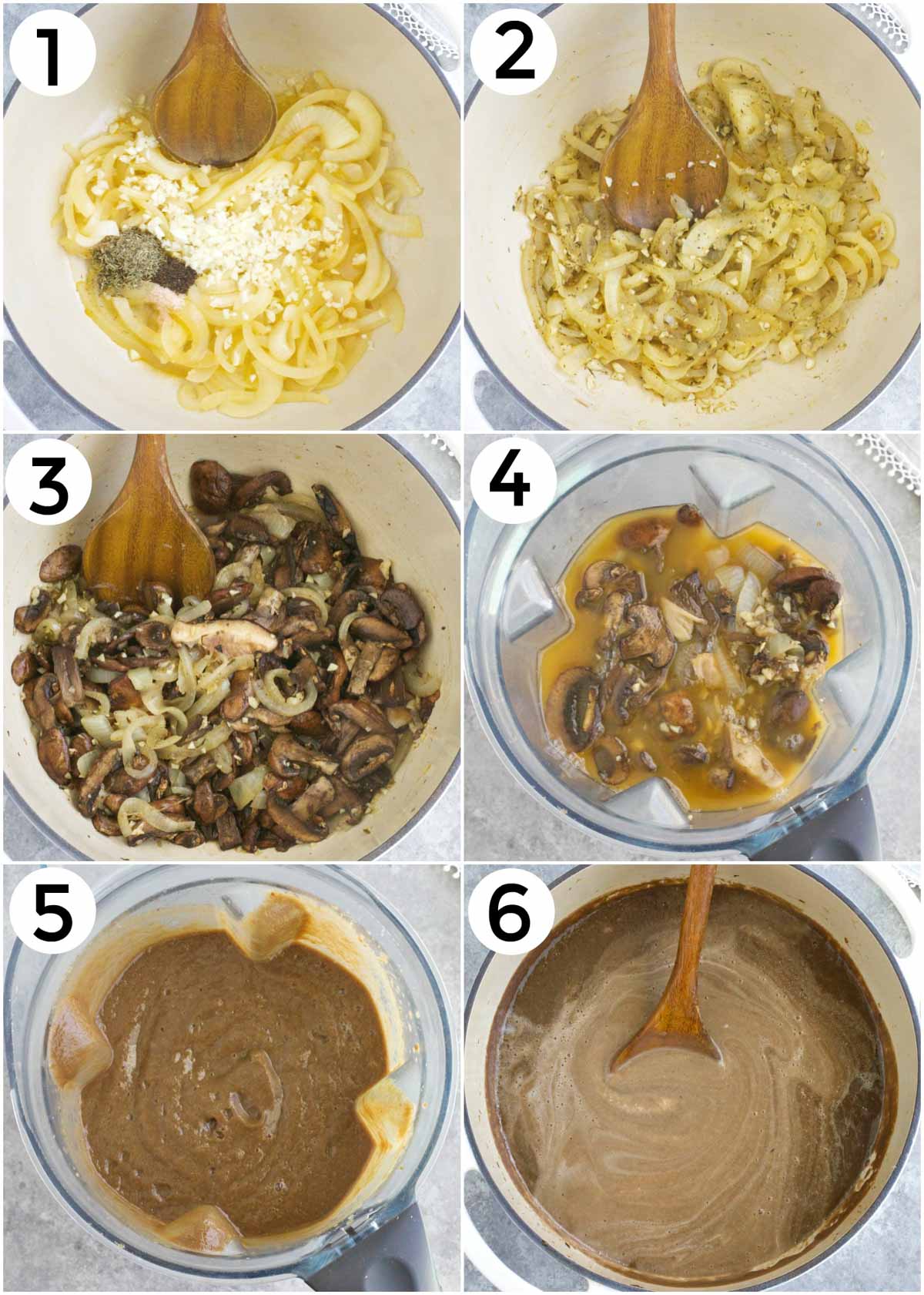 A collage of photos showing how to make vegan mushroom soup in 6 easy steps.