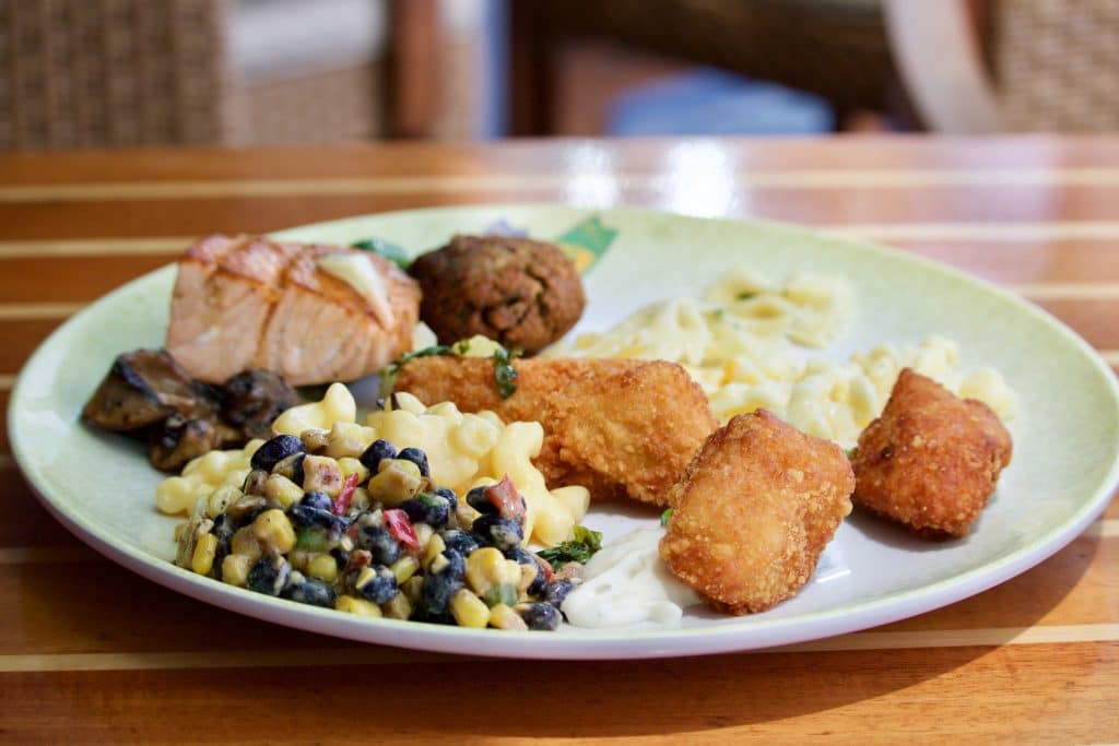 A plate of food from the Cabanas lunch buffet on the Disney Fantasy.