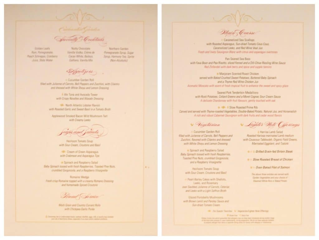 Enchanted Garden dinner menu.