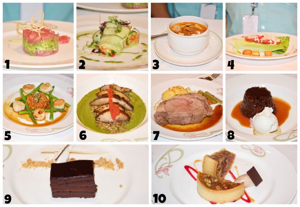 A photo collage showing food options at Enchanted Garden on Disney cruise. 