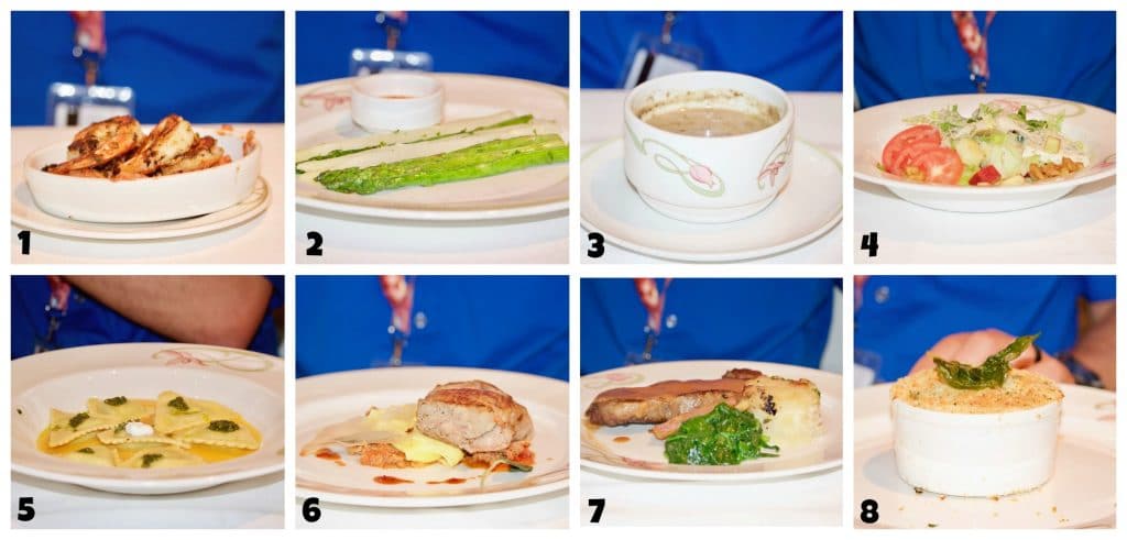 A photo collage showing food options at Enchanted Garden on Disney cruise. 