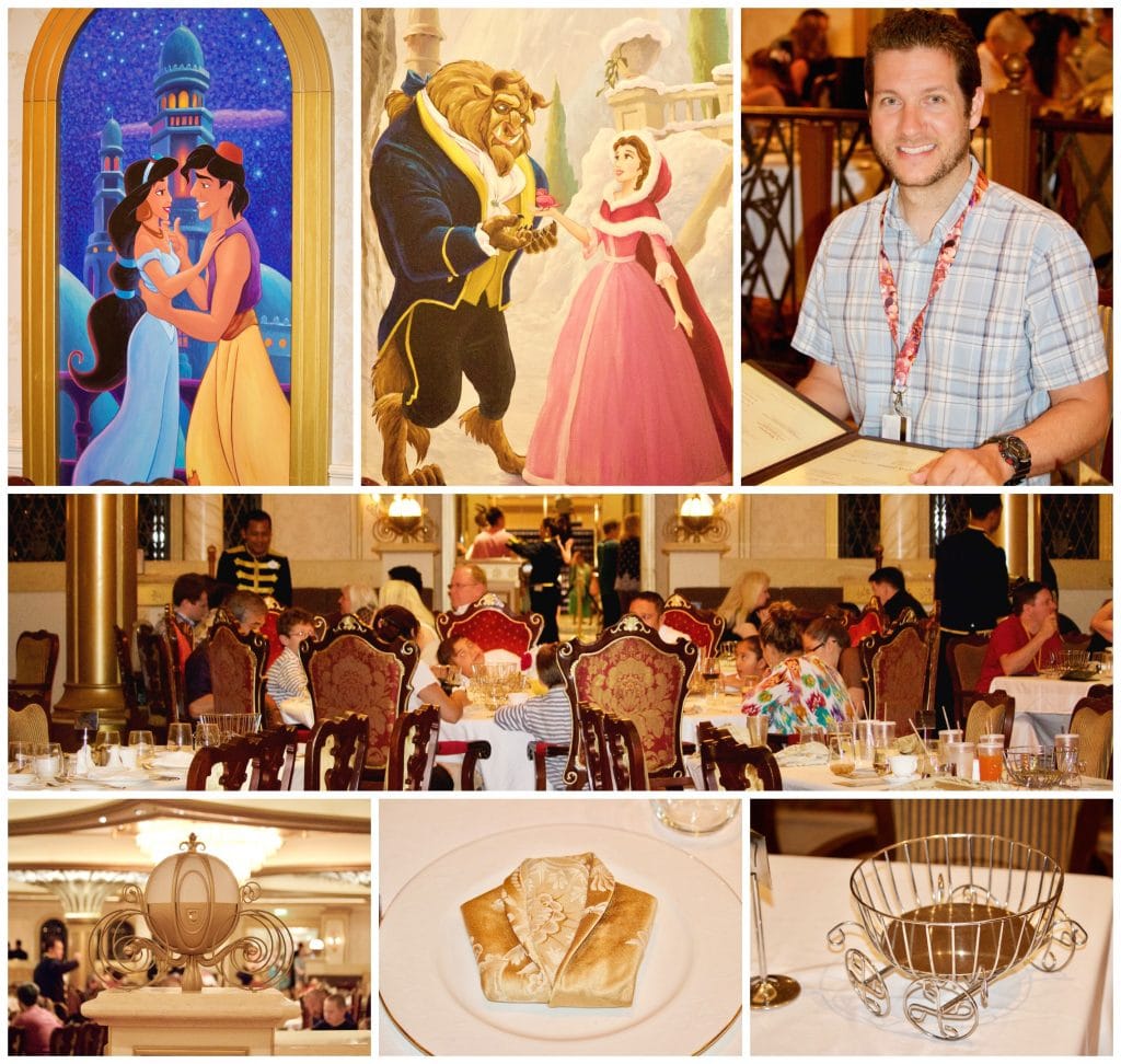 A photo collage showing what the Royal Court restaurant on Disney Fantasy looks like. 